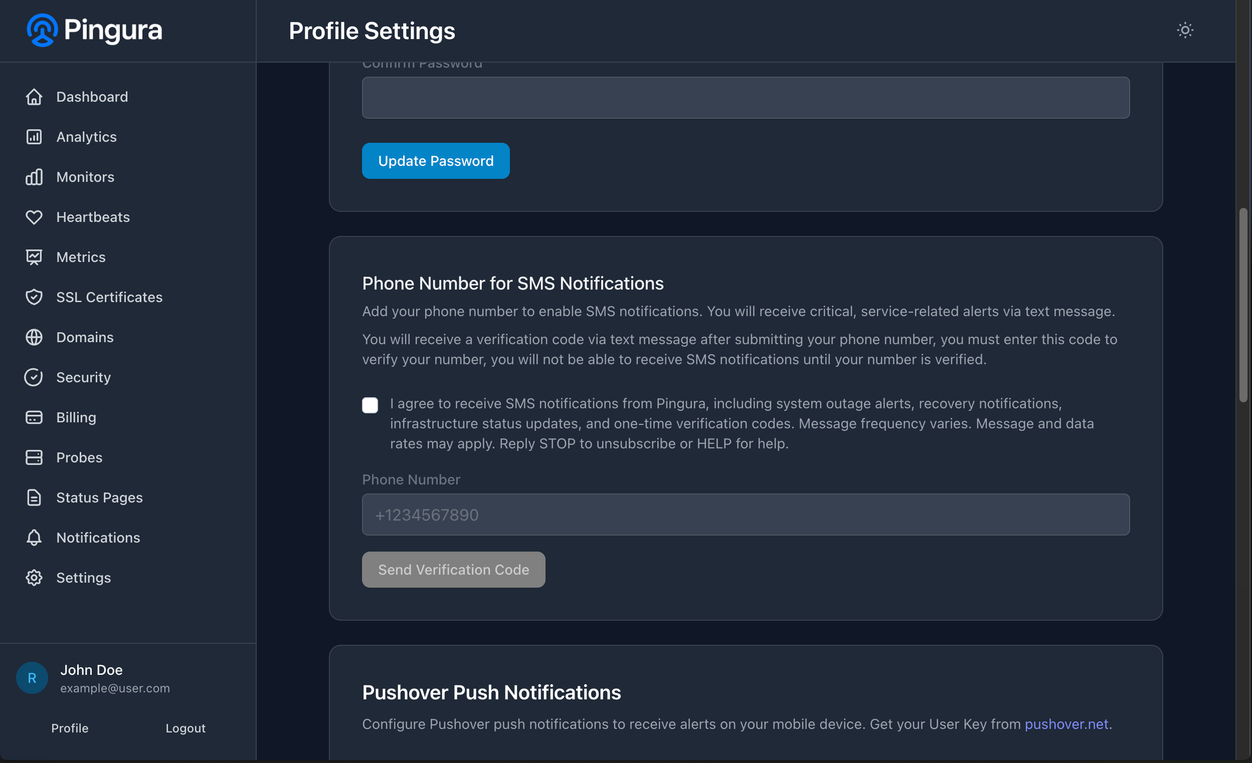 Screenshot of SMS consent form in Pingura profile settings showing phone number input field, consent checkbox, and disclosure text