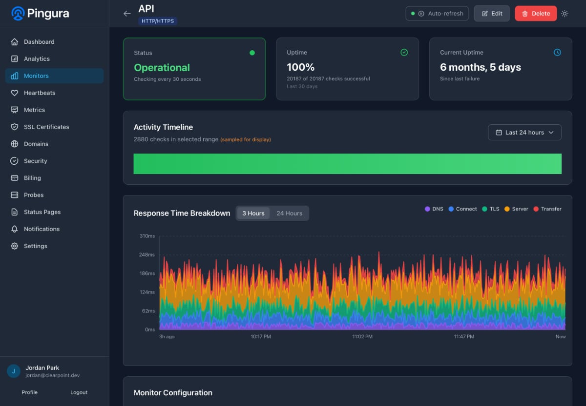 Pingura monitoring dashboard showing status cards, activity timeline, and response time charts