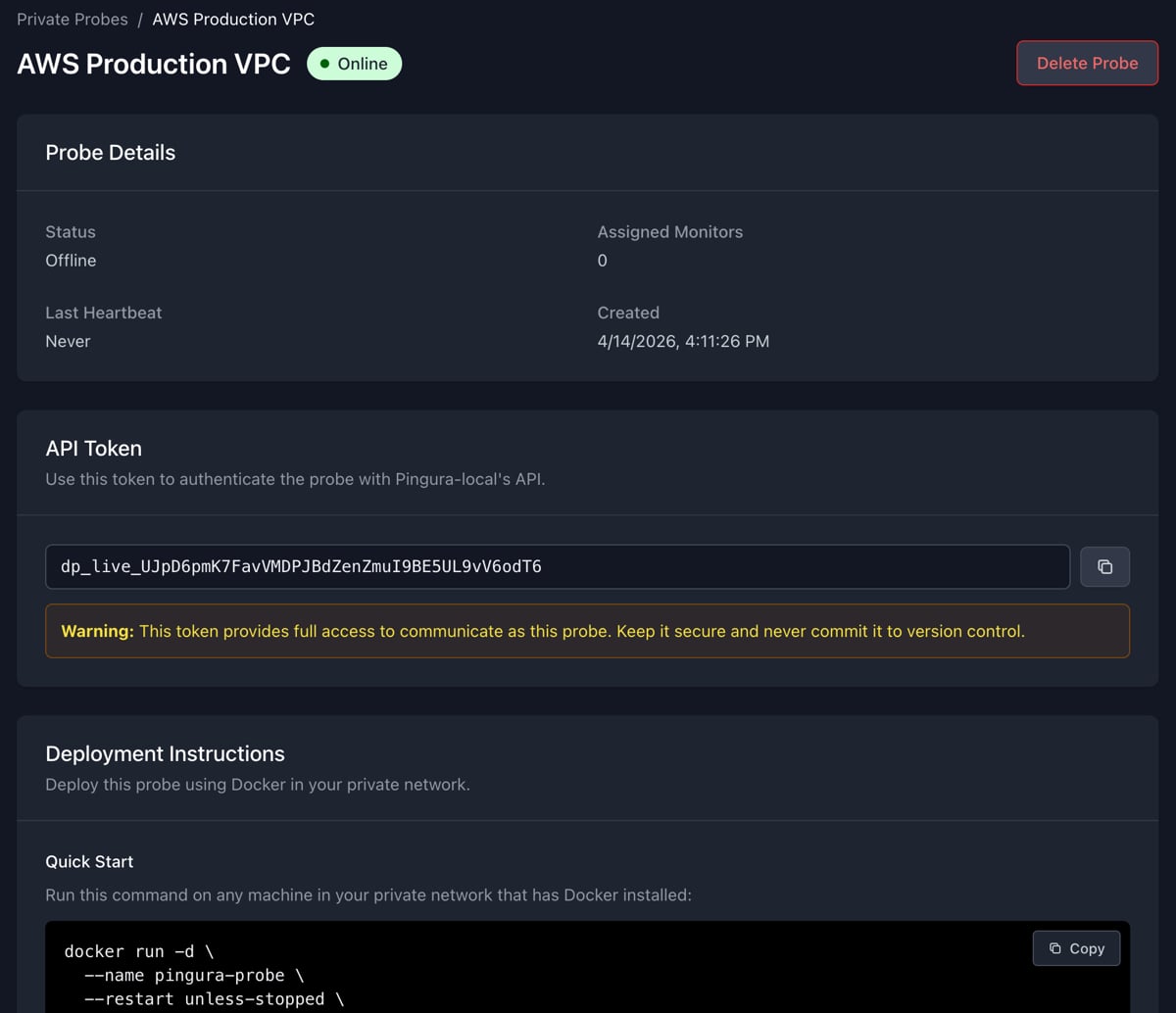 Pingura private probe configuration showing online status and assigned monitors